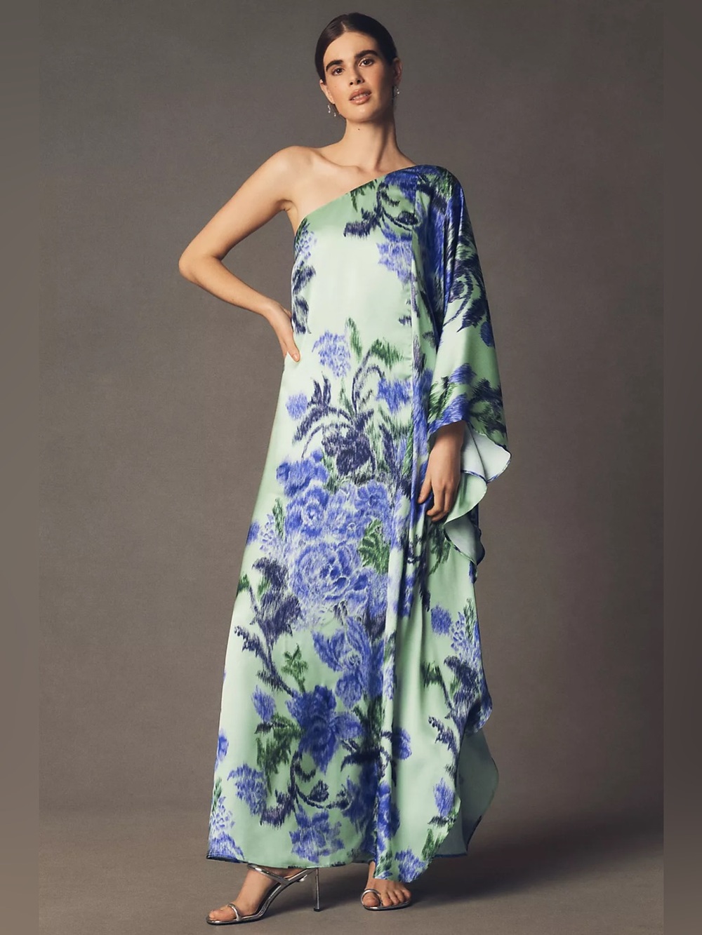 BHLDN Light Green Satin Maxi Dress with Blue Floral Print